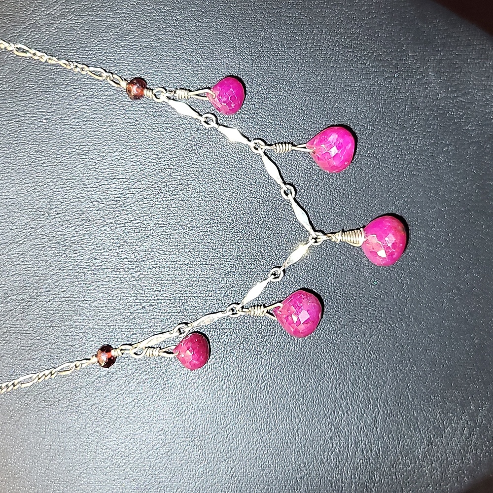 P40. 925 Sterling Silver Drop Dangle Natural Rubies Necklace 17" by Barbee